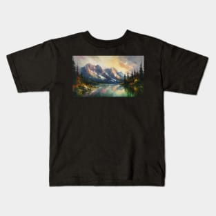 Majestic Peaks and Serene Lakes: A Vibrant Mountain Landscape Oil Painting #1 Kids T-Shirt